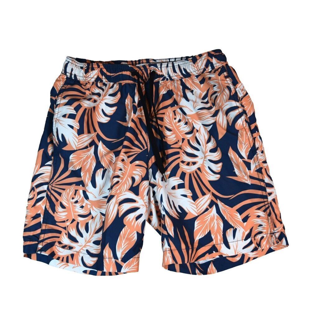Onia Men's Swim Trunks Small Tropical Print Blue Peach White Elastic Waist Lined